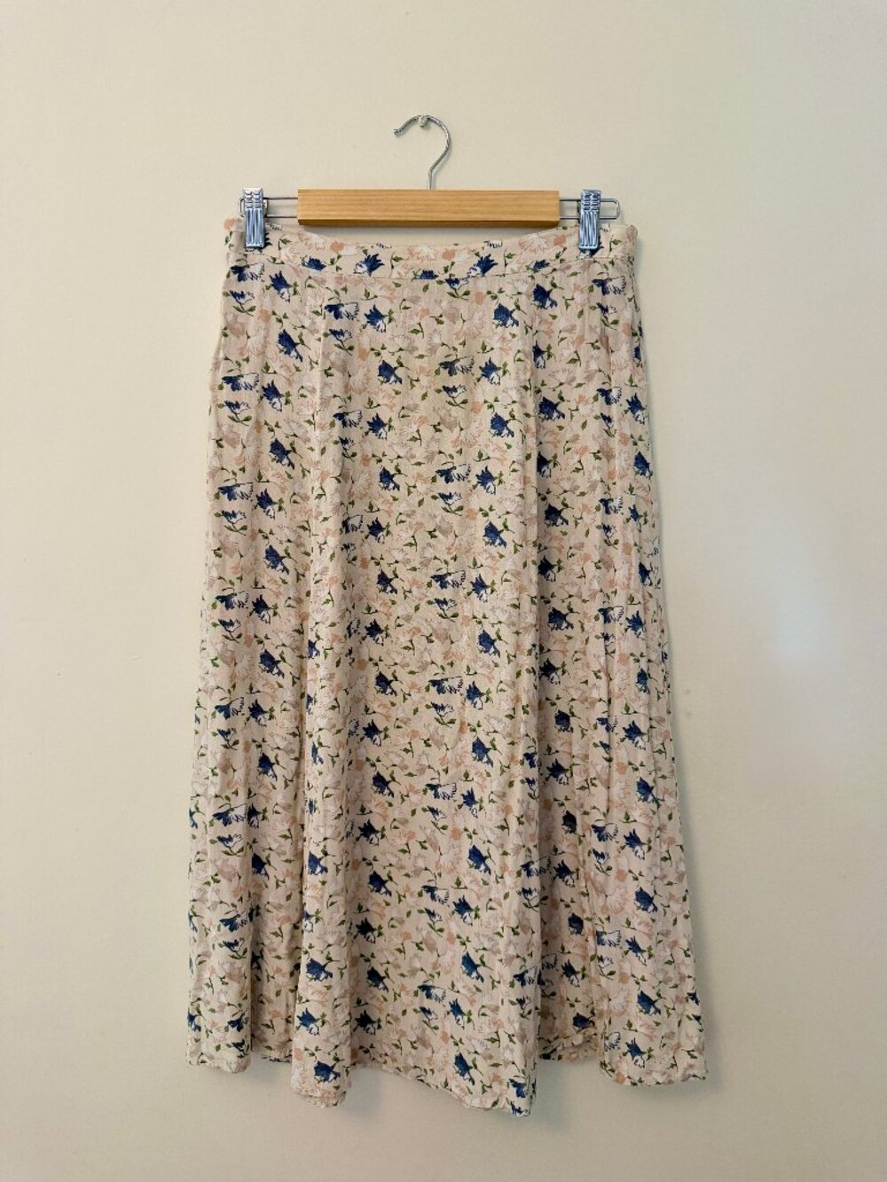 Vintage 90s Floral Midi Skirt - Cream w/ Blue & Peach Accents - Size Small